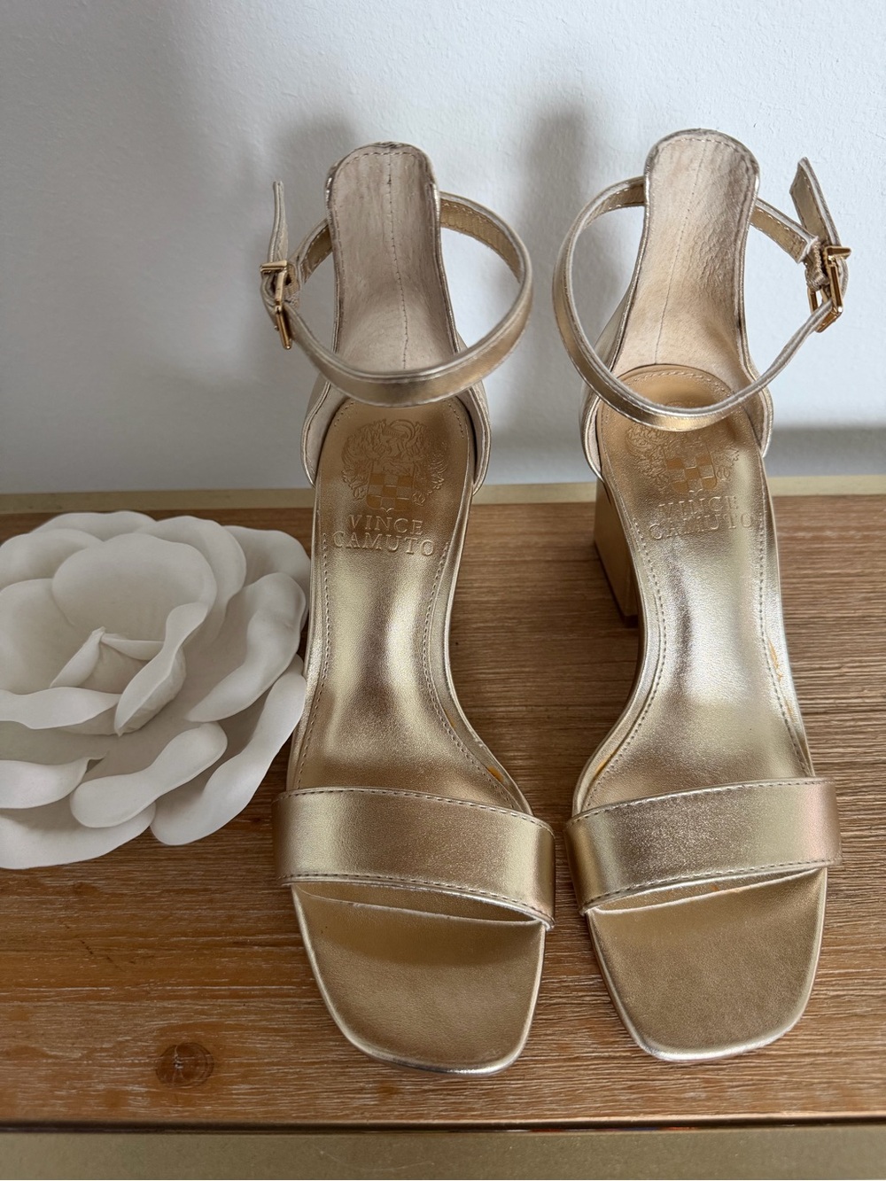 Vince Camuto Metallic Gold Ankle-Strap Block Heels